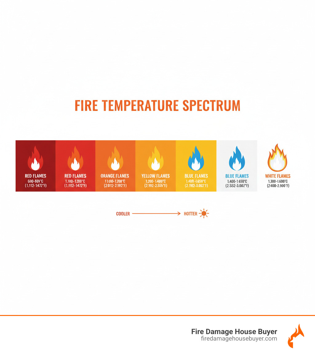 Infographic showing the fire temperature spectrum from coolest to hottest - how hot is white fire infographic 