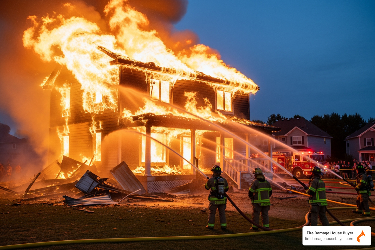 of a house fire where bright white flames are visible, showing intense destruction - how hot is white fire