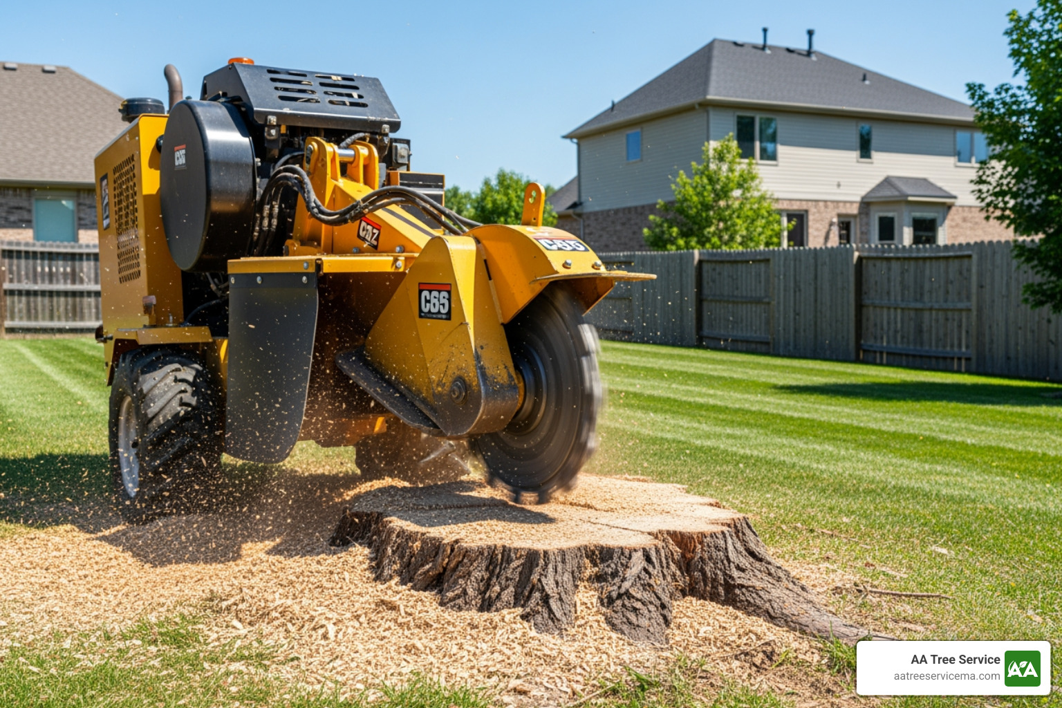 professional crew using a stump grinder to remove a tree stump - tree removal services acton ma professional crew using a stump grinder to remove a tree stump - tree removal services acton ma