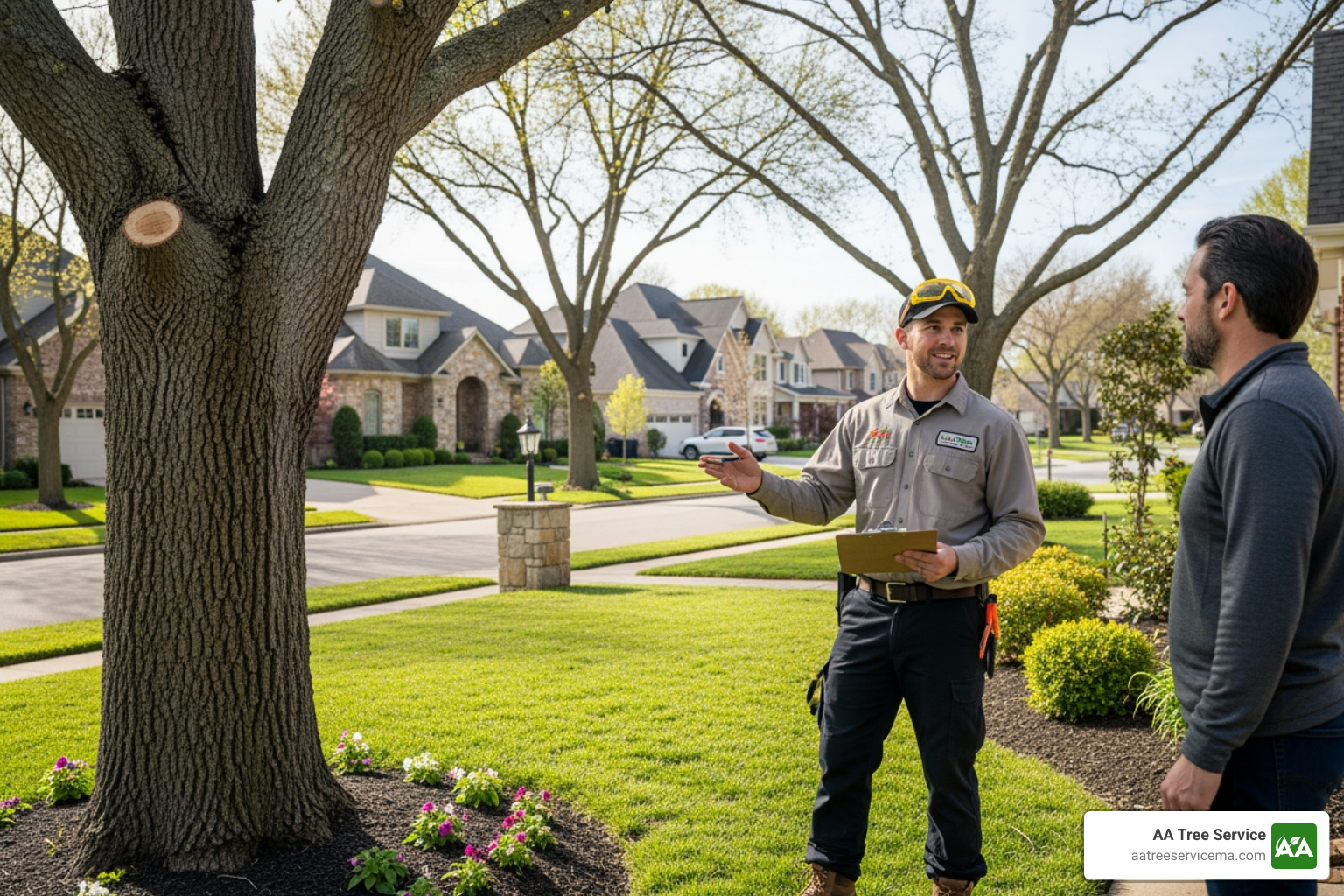 friendly, uniformed tree service professional providing a quote to a homeowner - tree removal services acton ma friendly, uniformed tree service professional providing a quote to a homeowner - tree removal services acton ma