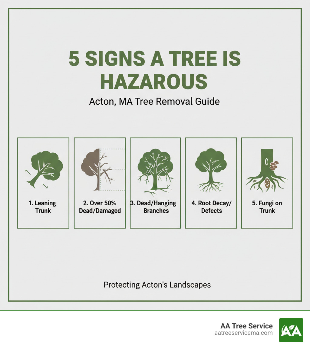 Infographic showing 5 key signs a tree is hazardous and needs removal: 1) Leaning trunk at an angle, 2) More than 50% of tree is damaged or dead, 3) Dead or hanging branches in the crown, 4) Root defects or decay at the base, 5) Mushrooms or fungi growing on the trunk indicating internal decay - tree removal services acton ma infographic Infographic showing 5 key signs a tree is hazardous and needs removal: 1) Leaning trunk at an angle, 2) More than 50% of tree is damaged or dead, 3) Dead or hanging branches in the crown, 4) Root defects or decay at the base, 5) Mushrooms or fungi growing on the trunk indicating internal decay - tree removal services acton ma infographic