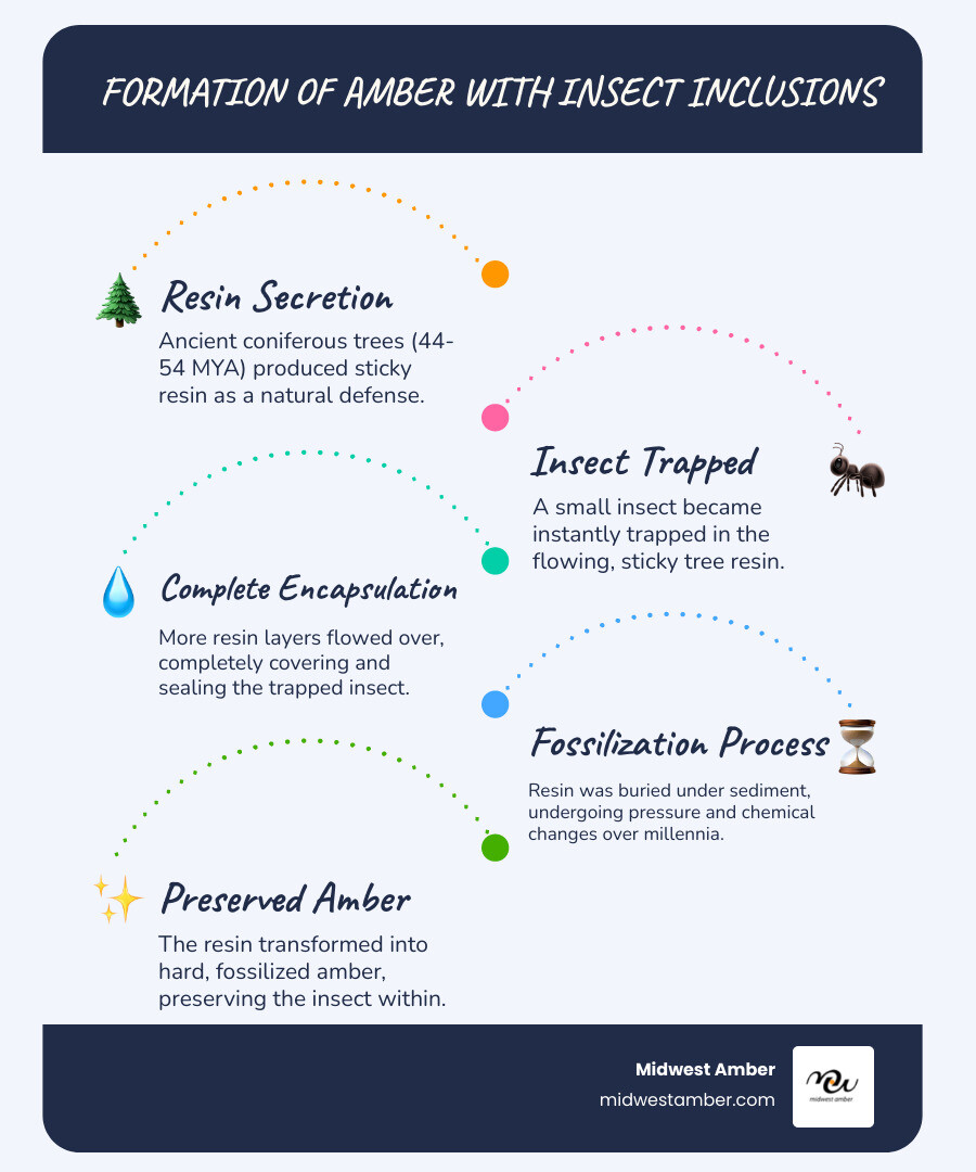 Infographic showing the formation of amber with insect inclusions: Step 1 - Ancient coniferous tree produces sticky resin 44-54 million years ago; Step 2 - Small insect becomes trapped in flowing resin; Step 3 - More resin layers cover the insect completely; Step 4 - Resin buried under sediment undergoes fossilization through pressure and chemical changes; Step 5 - Baltic amber with perfectly preserved insect inclusion ready for jewelry crafting - amber jewelry with bugs near me infographic infographic-line-5-steps-blues-accent_colors
