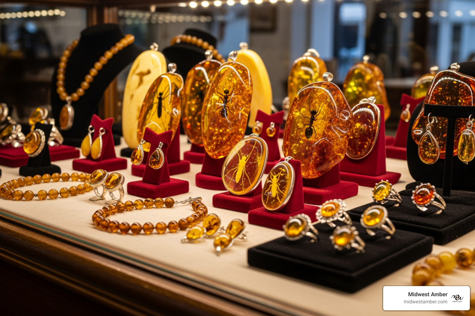 local jewelry shop display case with amber pieces - amber jewelry with bugs near me