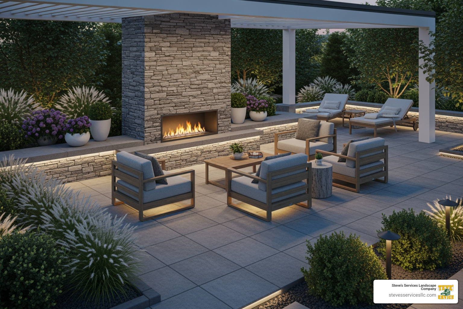 detailed 3D hardscape design showing a fireplace and patio layout - Outdoor fireplace Reading MA