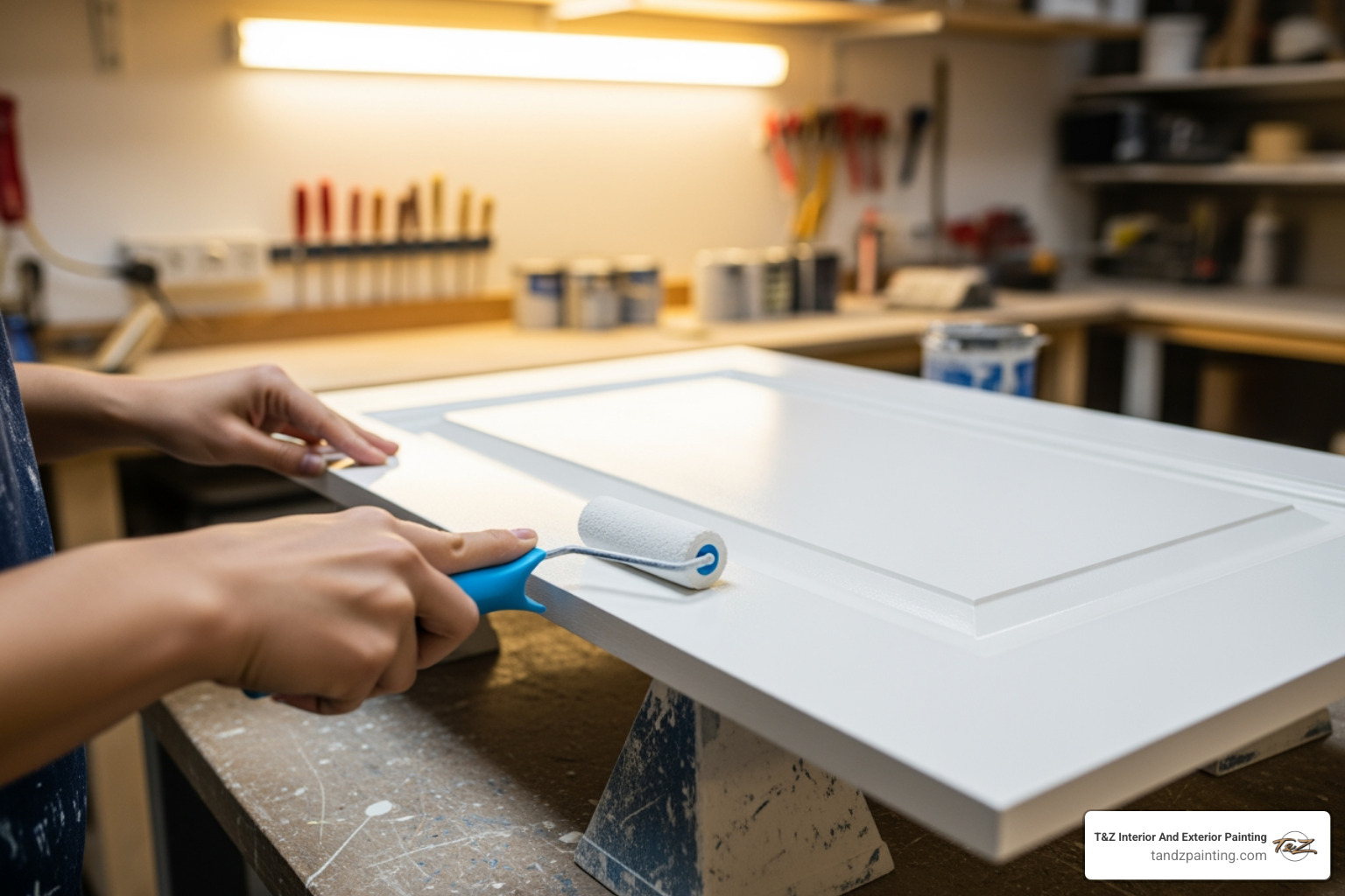 person using a small roller to paint a cabinet door on painter's pyramids - cabinet painting