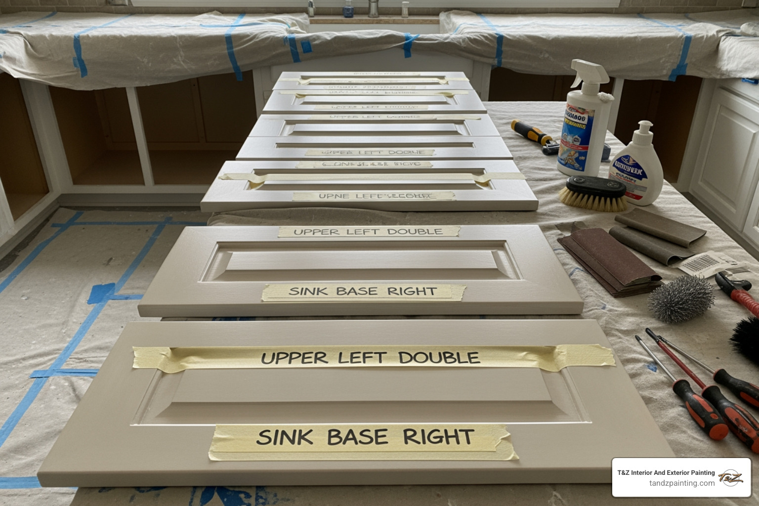 cabinet doors labeled and organized, with prep tools nearby - cabinet painting