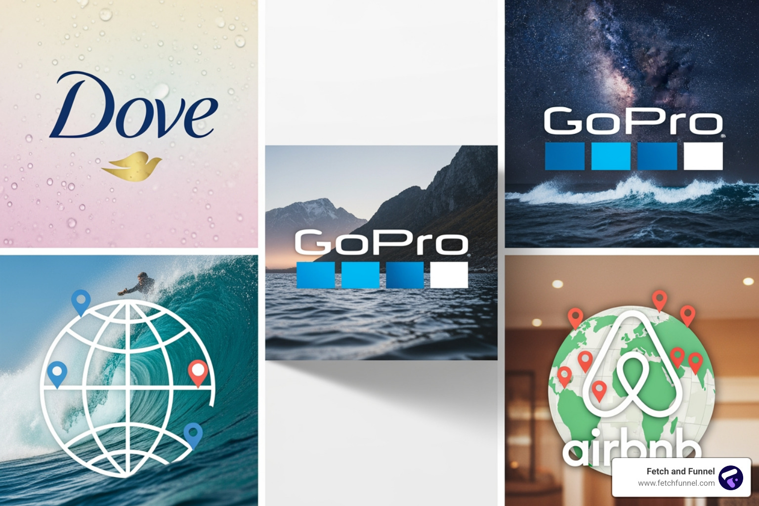 collage of logos from brands with strong stories like Dove, GoPro, and Airbnb - Brand story development collage of logos from brands with strong stories like Dove, GoPro, and Airbnb - Brand story development