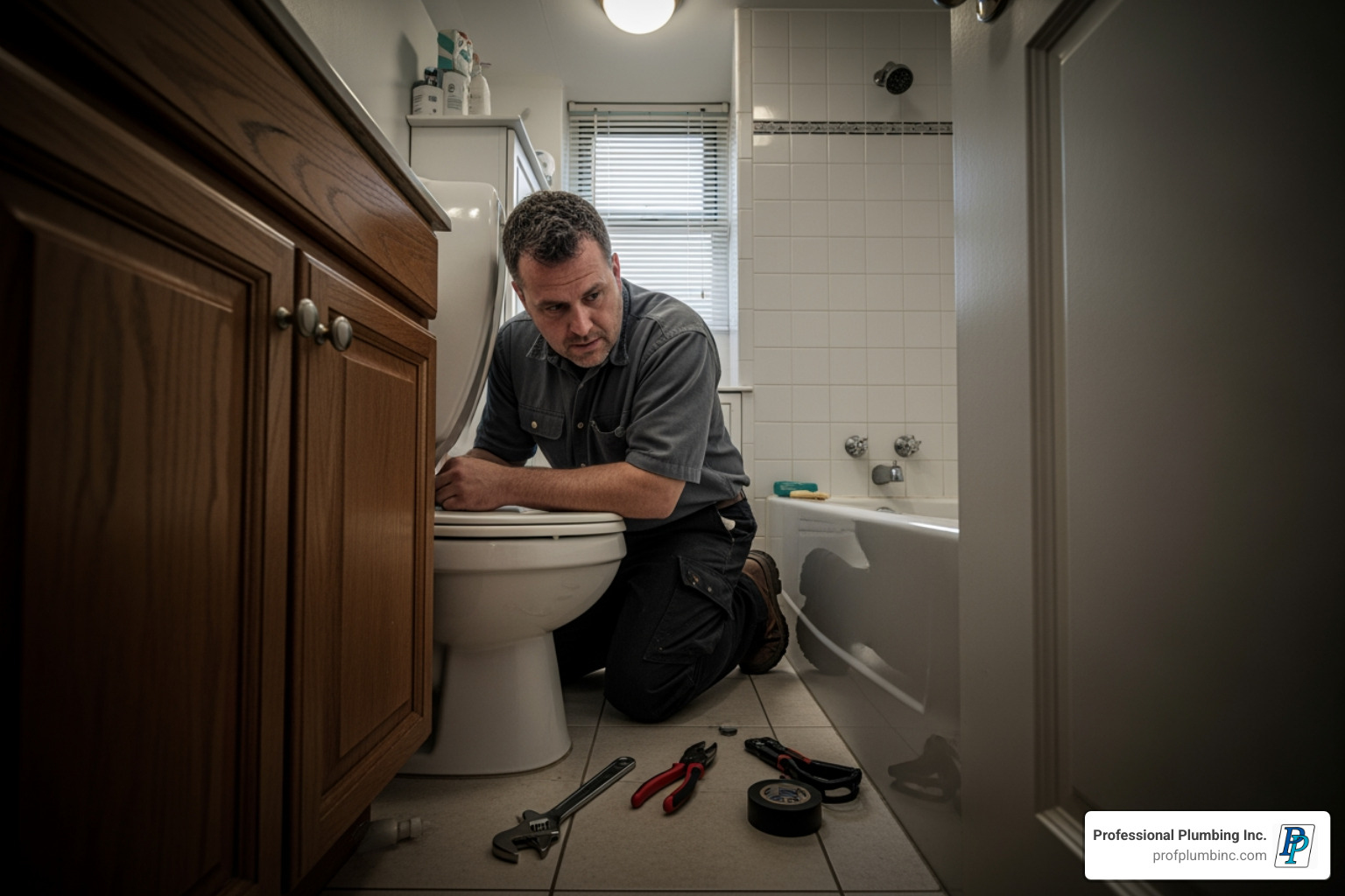 plumber working in a tight, cramped bathroom space to illustrate accessibility issues - clogged toilet repair cost