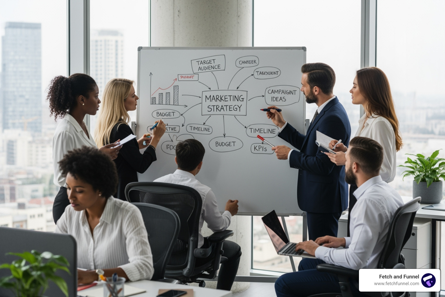 of a team collaborating on a marketing strategy whiteboard - Facebook Ad Agency Pricing of a team collaborating on a marketing strategy whiteboard - Facebook Ad Agency Pricing