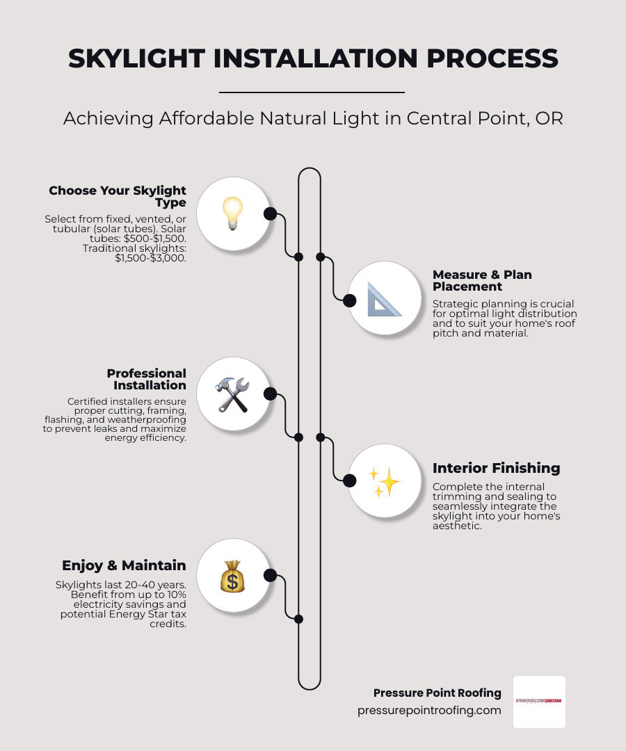 Infographic showing the complete skylight installation process: choosing skylight type (fixed, vented, or tubular), measuring and planning placement, professional installation including flashing and sealing, interior finishing, and long-term maintenance schedule with cost comparison between solar tubes and traditional skylights - affordable skylight installation in central point or infographic infographic-line-5-steps-elegant_beige