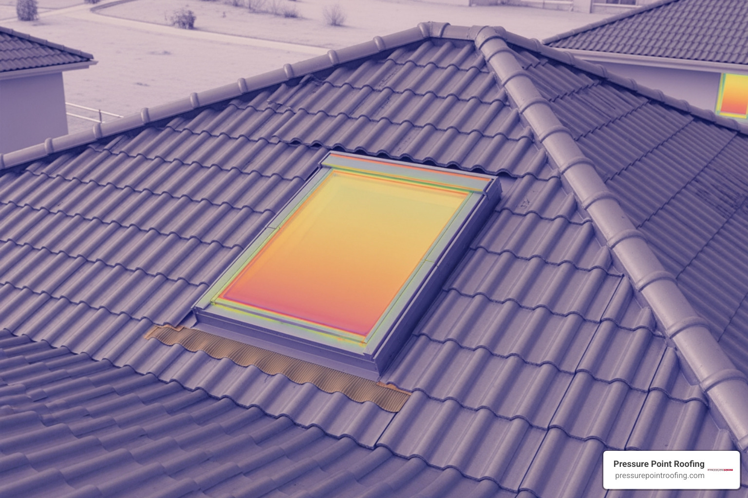 A thermal camera view showing an energy-efficient skylight, highlighting minimal heat loss or gain compared to surrounding roof areas. - affordable skylight installation in central point or