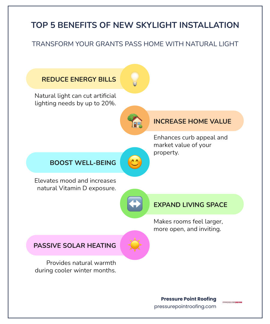 Infographic showing the top 5 benefits of skylight installation: 1. Natural Light Reduces Energy Bills by up to 20%, 2. Increases Home Value and Curb Appeal, 3. Improves Mood and Vitamin D Exposure, 4. Makes Rooms Feel Larger and More Open, 5. Provides Passive Solar Heating in Winter Months - new skylight installation in grants pass or infographic infographic-line-5-steps-colors