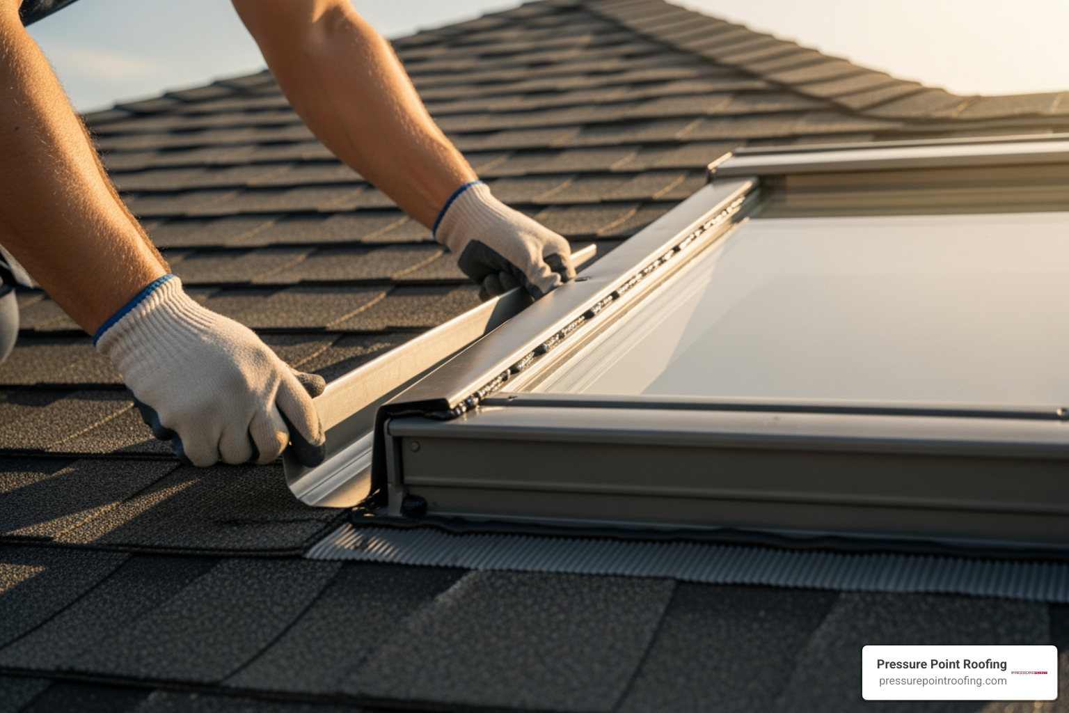 professional roofer carefully installing flashing around a new skylight - affordable skylight installation in grants pass or