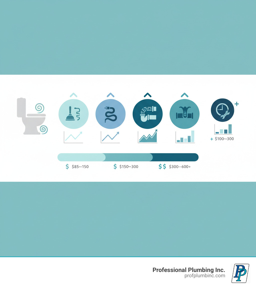 Infographic showing clogged toilet repair cost breakdown by severity: Simple clogs ($85-$150) for toilet trap blockages cleared with plunger or auger; Moderate clogs ($150-$300) for deeper drain line blockages requiring professional snaking; Severe clogs ($300-$600+) for main sewer line issues requiring hydro-jetting or extensive work; Additional $100-$300 for emergency after-hours service - clogged toilet repair cost infographic 