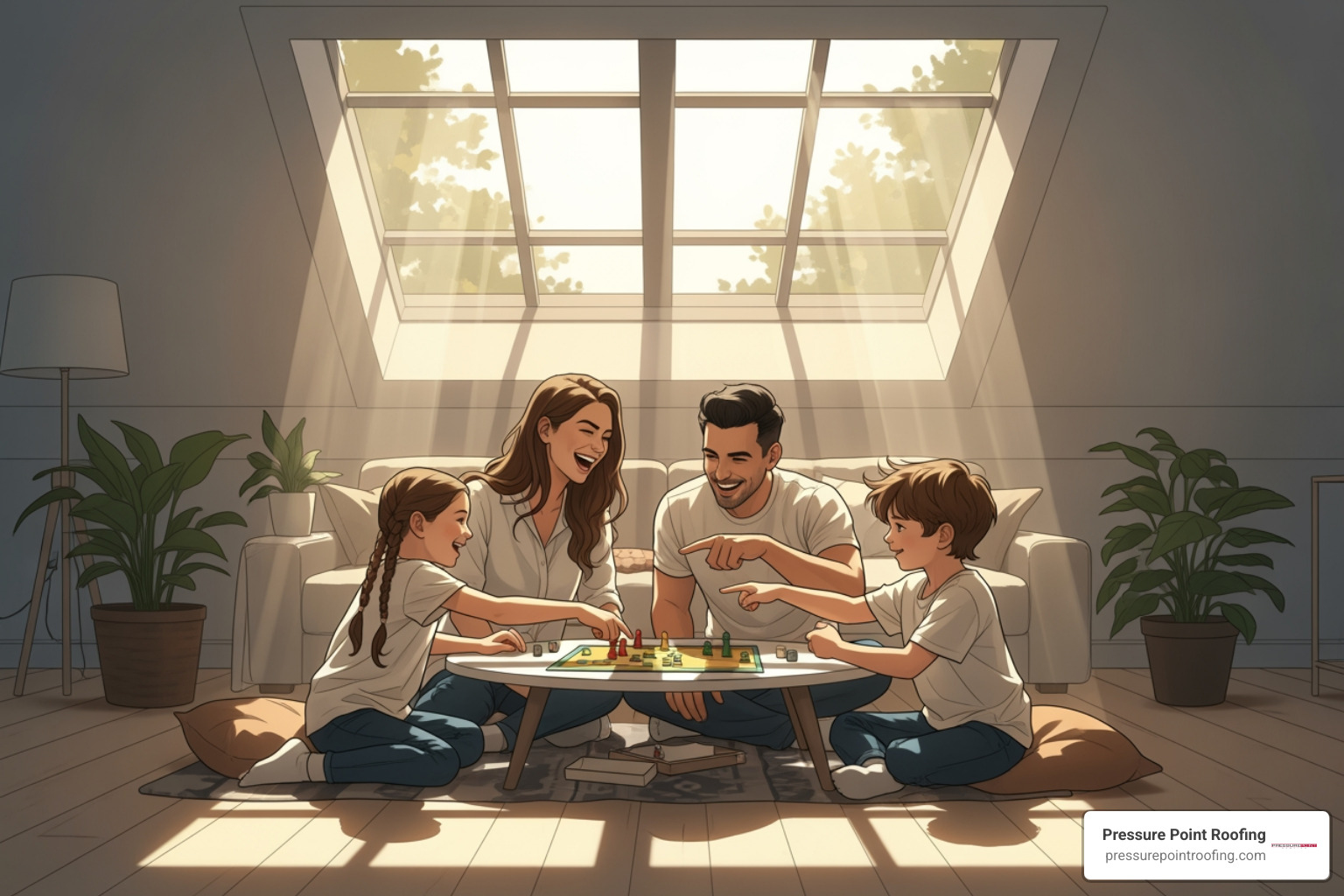 happy family enjoying a bright, skylit room - new skylight installation in grants pass or