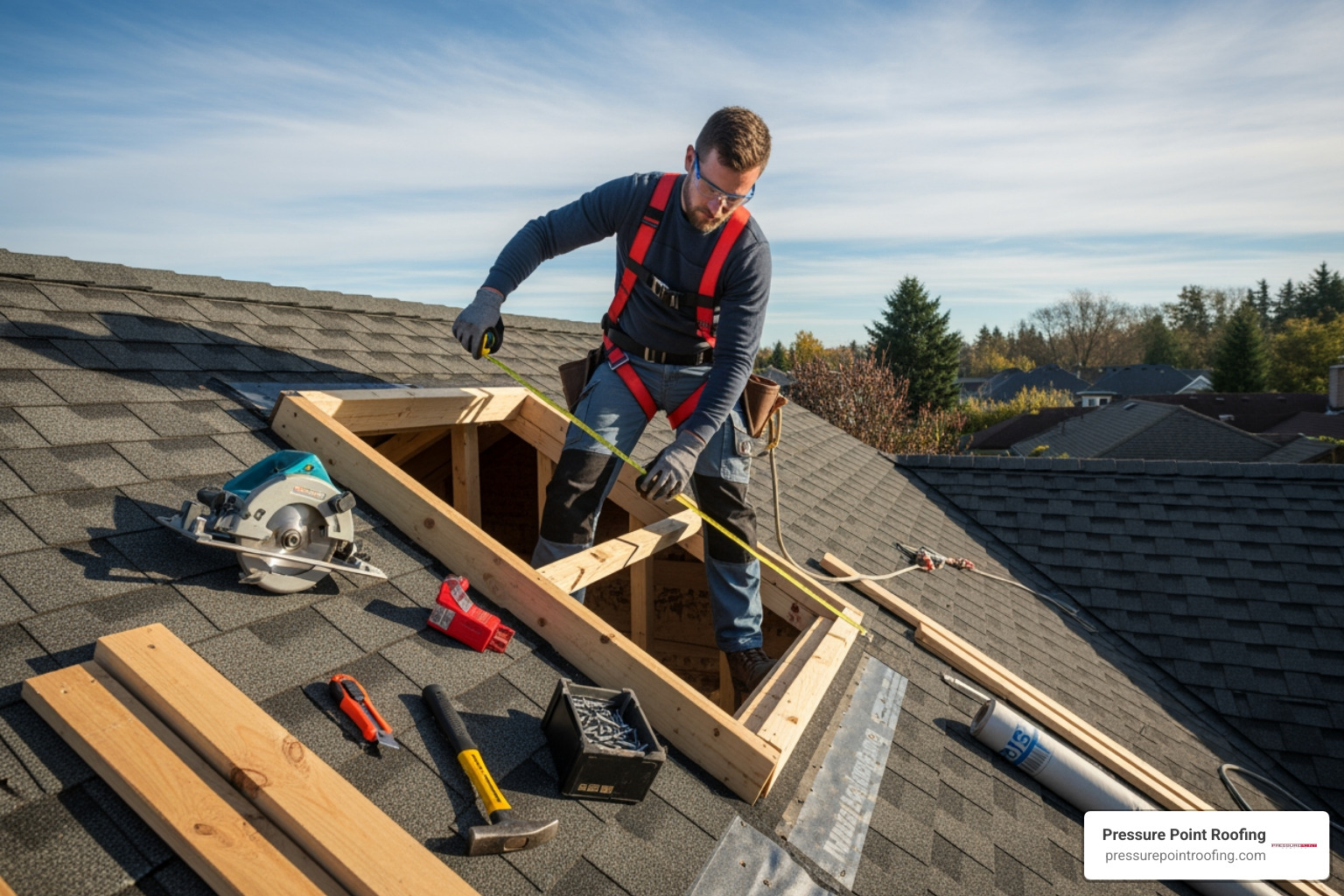 professional roofer carefully framing a new skylight opening on a roof - new skylight installation in grants pass or