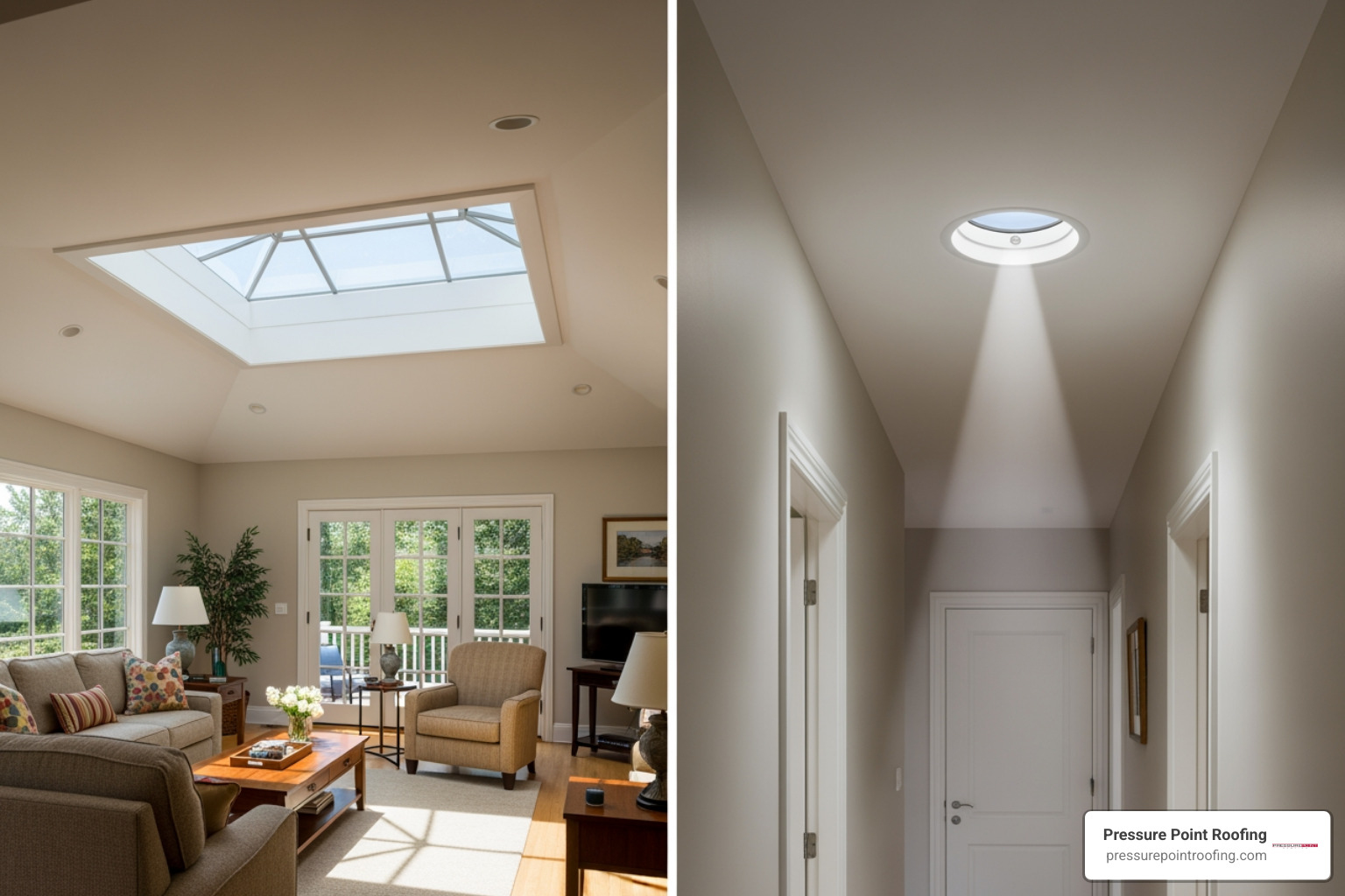 side-by-side comparison of a room with a traditional skylight and a hallway with a sun tunnel - new skylight installation in grants pass or
