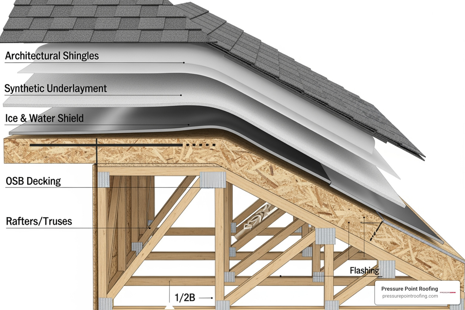 cross-section of a premium roofing system showing all layers - premium roofing installation in jacksonville or