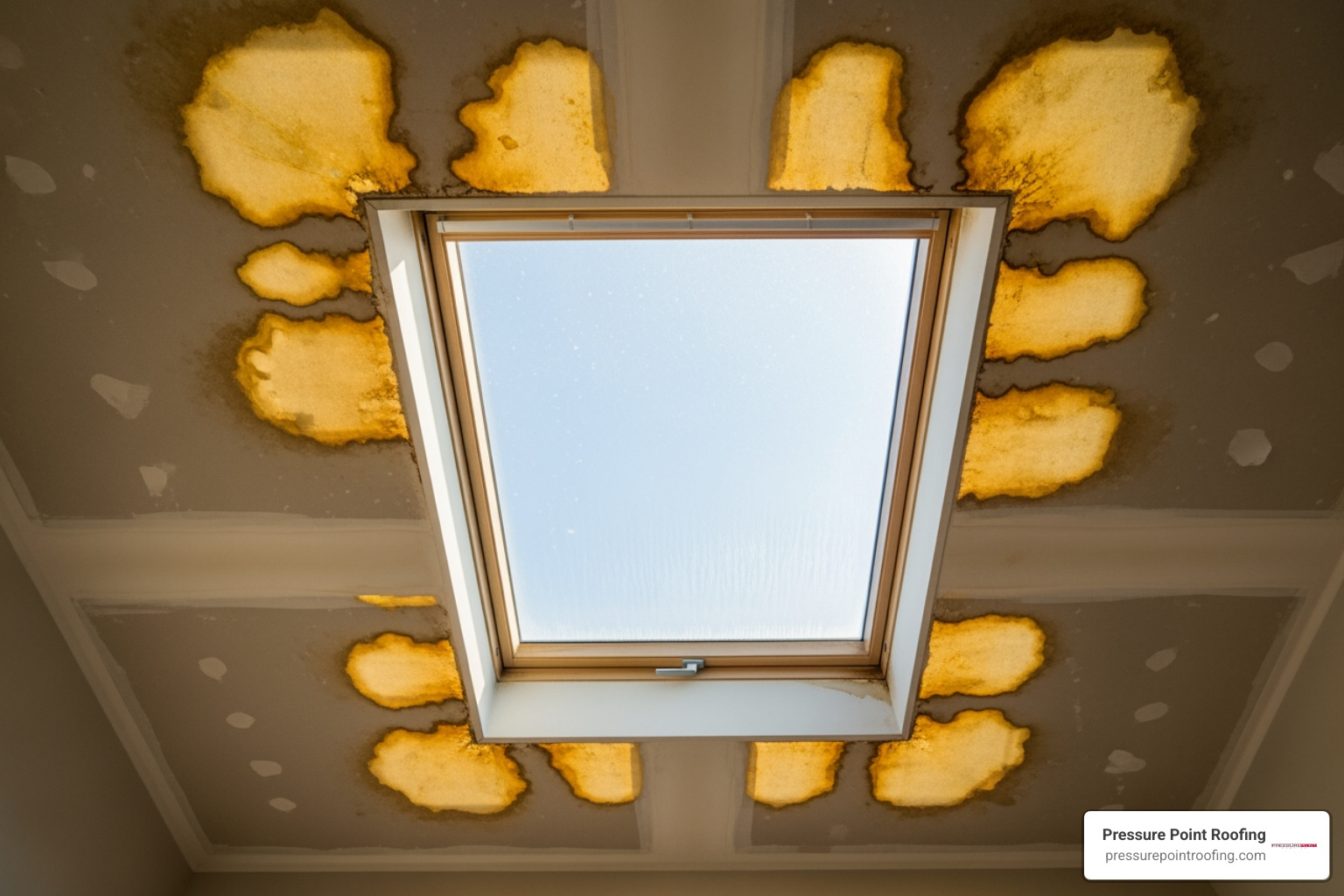 water stains on a ceiling near a skylight - residential skylight repair in medford or