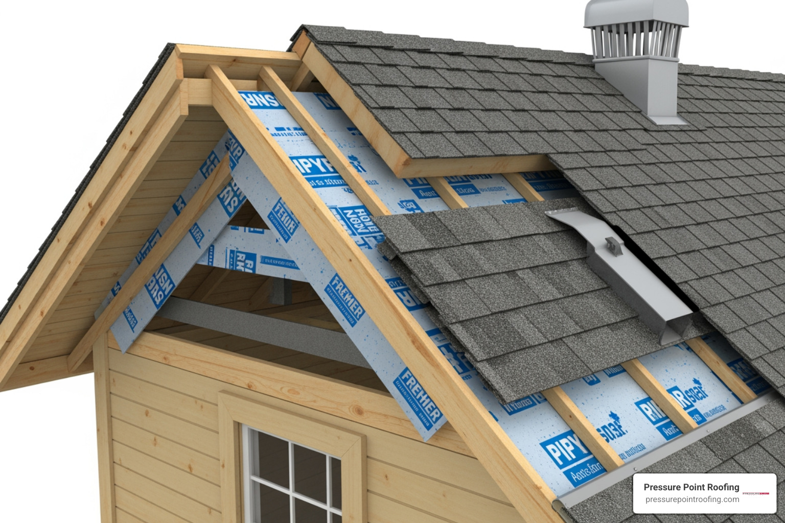 infographic showing the complete roofing system with labeled layers including roof decking, ice and water shield, underlayment, drip edge, starter shingles, field shingles, ridge cap, and flashing around chimneys and vents - roofing installation in phoenix or