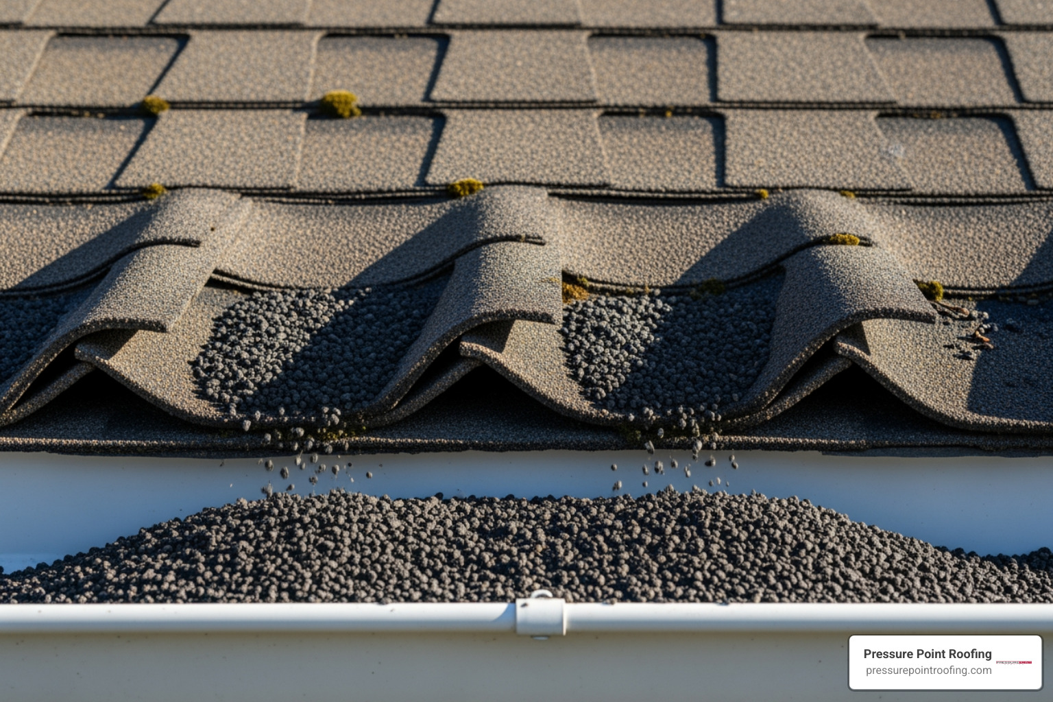 roof with curling shingles and granule loss in the gutters - roofing installation in phoenix or