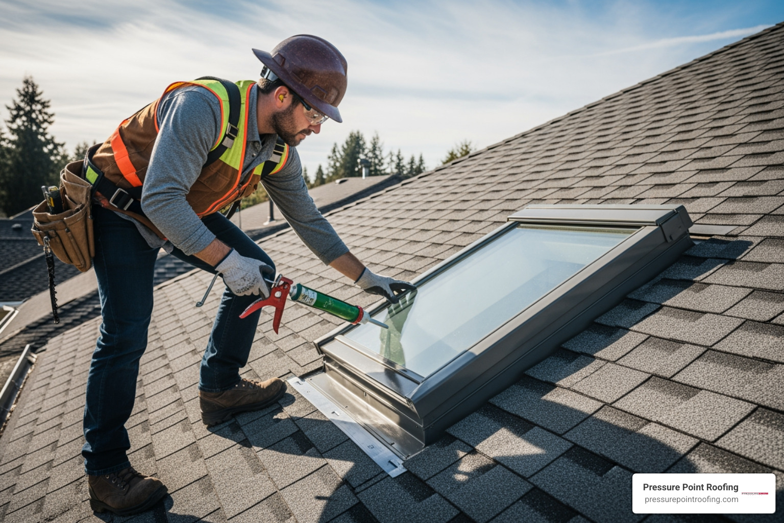 professional roofer safely working on a residential skylight - residential skylight repair in medford or