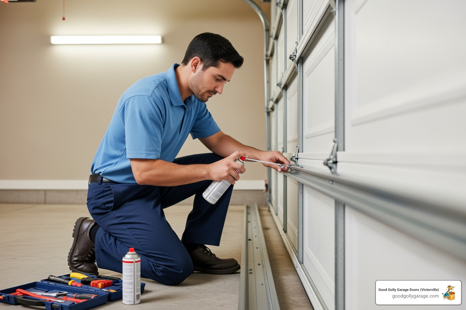 A technician lubricating garage door tracks - broken garage door repair in big bear ca A technician lubricating garage door tracks - broken garage door repair in big bear ca