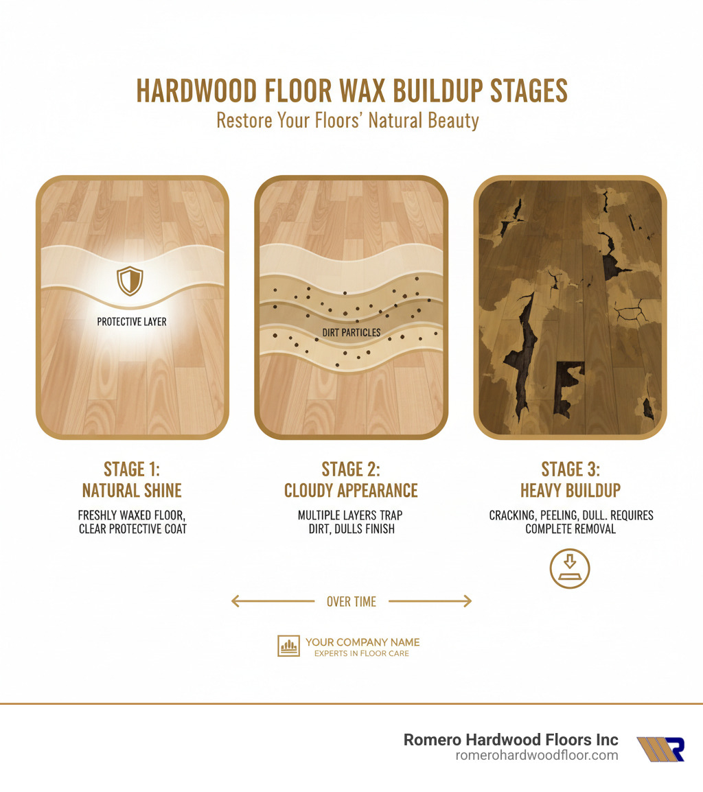 Infographic comparing wax buildup stages: Stage 1 shows a freshly waxed floor with a protective layer and natural shine; Stage 2 shows multiple wax layers trapping dirt particles and creating a cloudy appearance; Stage 3 shows heavy buildup with visible cracking, peeling, and dull finish requiring complete removal - Hardwood floor wax remover infographic Infographic comparing wax buildup stages: Stage 1 shows a freshly waxed floor with a protective layer and natural shine; Stage 2 shows multiple wax layers trapping dirt particles and creating a cloudy appearance; Stage 3 shows heavy buildup with visible cracking, peeling, and dull finish requiring complete removal - Hardwood floor wax remover infographic