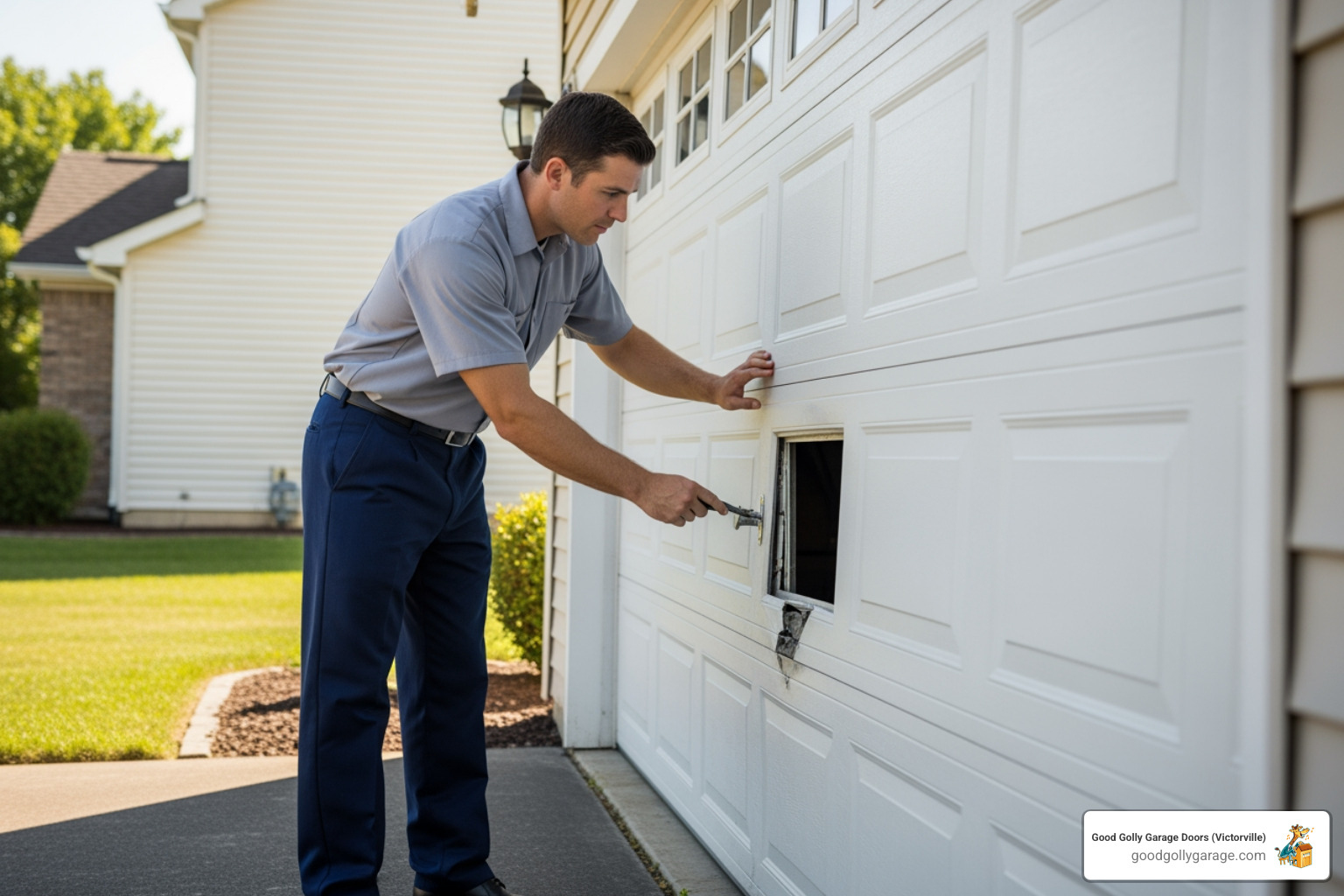 Infographic showing emergency broken garage door response steps: 1. Stop using the door and unplug opener, 2. Check for visible obstructions or damage, 3. Secure the opening if door is stuck open, 4. Call licensed technician for same-day service, 5. Never attempt to repair high-tension springs or cables yourself, 6. Common causes include broken springs, snapped cables, off-track doors, and failed openers - emergency broken garage door in victorville ca Infographic showing emergency broken garage door response steps: 1. Stop using the door and unplug opener, 2. Check for visible obstructions or damage, 3. Secure the opening if door is stuck open, 4. Call licensed technician for same-day service, 5. Never attempt to repair high-tension springs or cables yourself, 6. Common causes include broken springs, snapped cables, off-track doors, and failed openers - emergency broken garage door in victorville ca