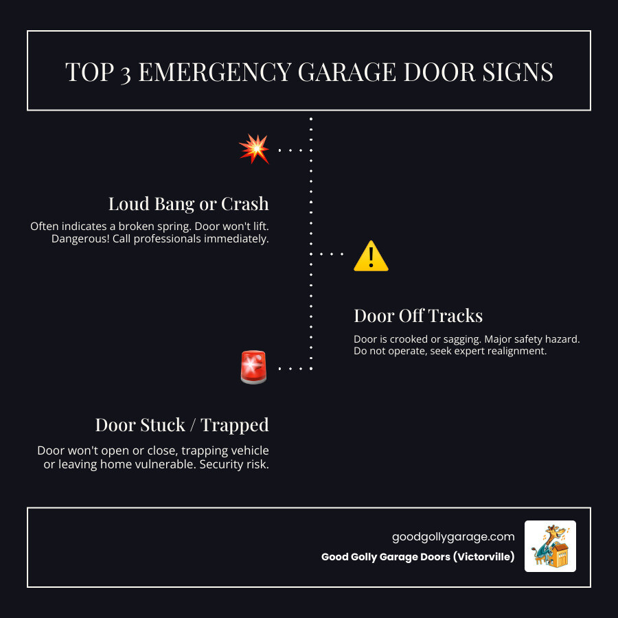 Infographic showing the top 3 signs you need emergency garage door repair: 1) Loud bang followed by door failure indicates broken spring requiring immediate professional service, 2) Door hanging crooked or off tracks poses safety risk and needs expert realignment, 3) Door stuck open or closed compromises home security and may trap vehicles - emergency broken garage door in wrightwood ca infographic infographic-line-3-steps-dark Infographic showing the top 3 signs you need emergency garage door repair: 1) Loud bang followed by door failure indicates broken spring requiring immediate professional service, 2) Door hanging crooked or off tracks poses safety risk and needs expert realignment, 3) Door stuck open or closed compromises home security and may trap vehicles - emergency broken garage door in wrightwood ca infographic infographic-line-3-steps-dark