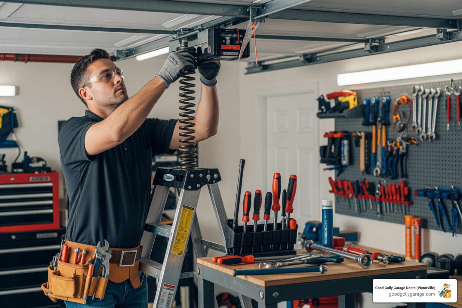 professional technician wearing safety glasses and gloves, carefully working on a garage door spring - broken garage door repair in spring valley lake ca professional technician wearing safety glasses and gloves, carefully working on a garage door spring - broken garage door repair in spring valley lake ca