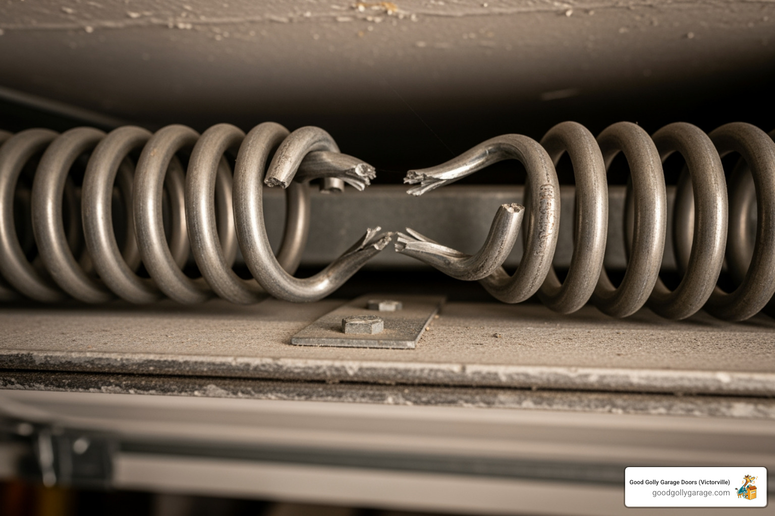 close-up of a snapped torsion spring with a visible gap - broken garage door repair in spring valley lake ca close-up of a snapped torsion spring with a visible gap - broken garage door repair in spring valley lake ca