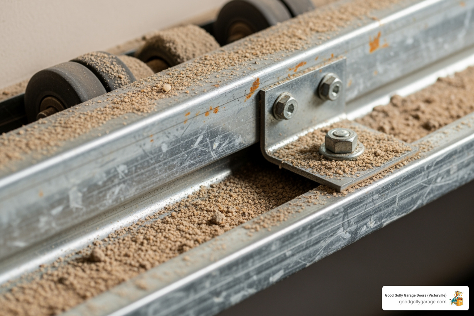 dusty garage door track with sand and debris - broken garage door repair in spring valley lake ca dusty garage door track with sand and debris - broken garage door repair in spring valley lake ca