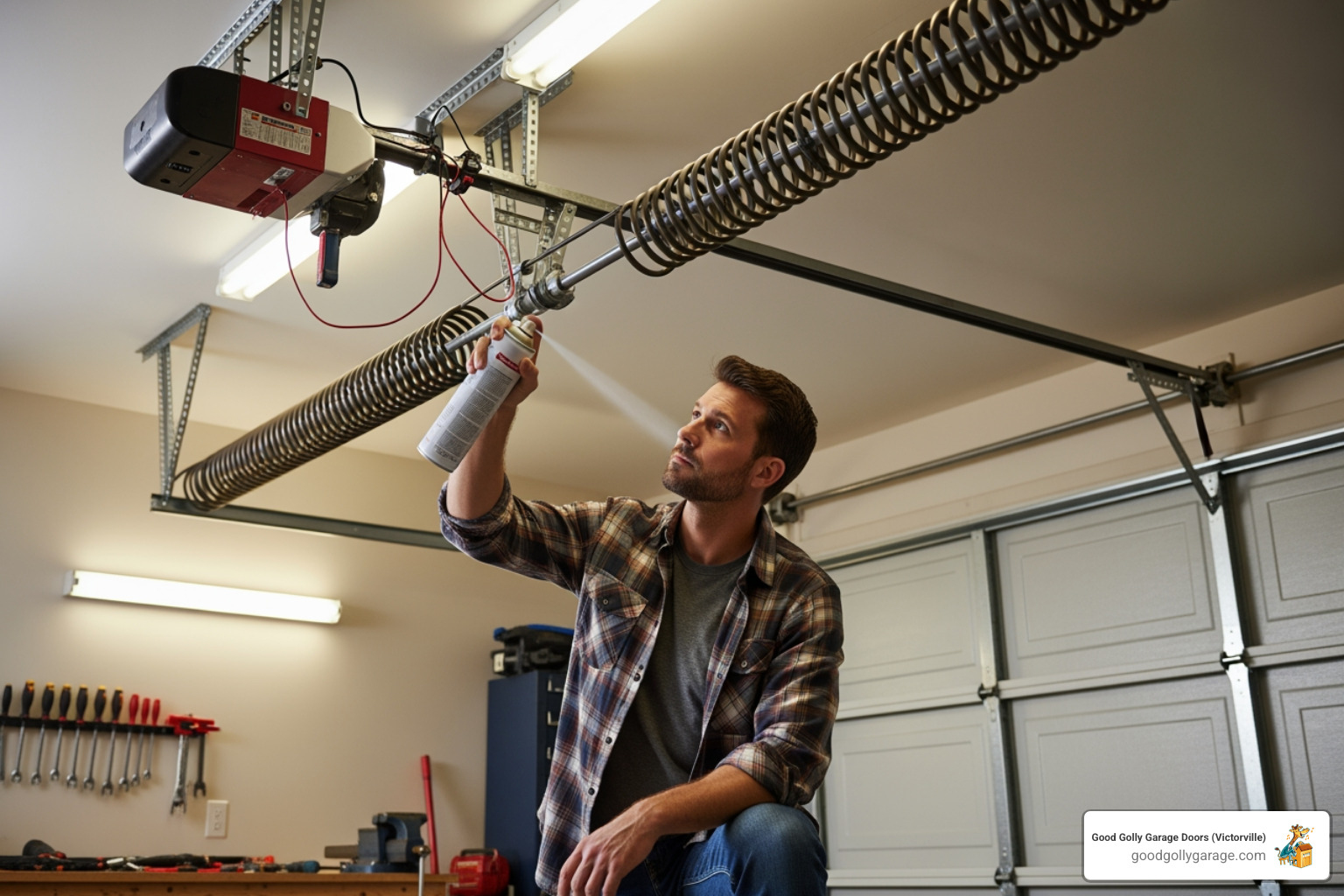 homeowner lubricating a garage door spring with an appropriate spray lubricant - broken garage door repair in spring valley lake ca homeowner lubricating a garage door spring with an appropriate spray lubricant - broken garage door repair in spring valley lake ca