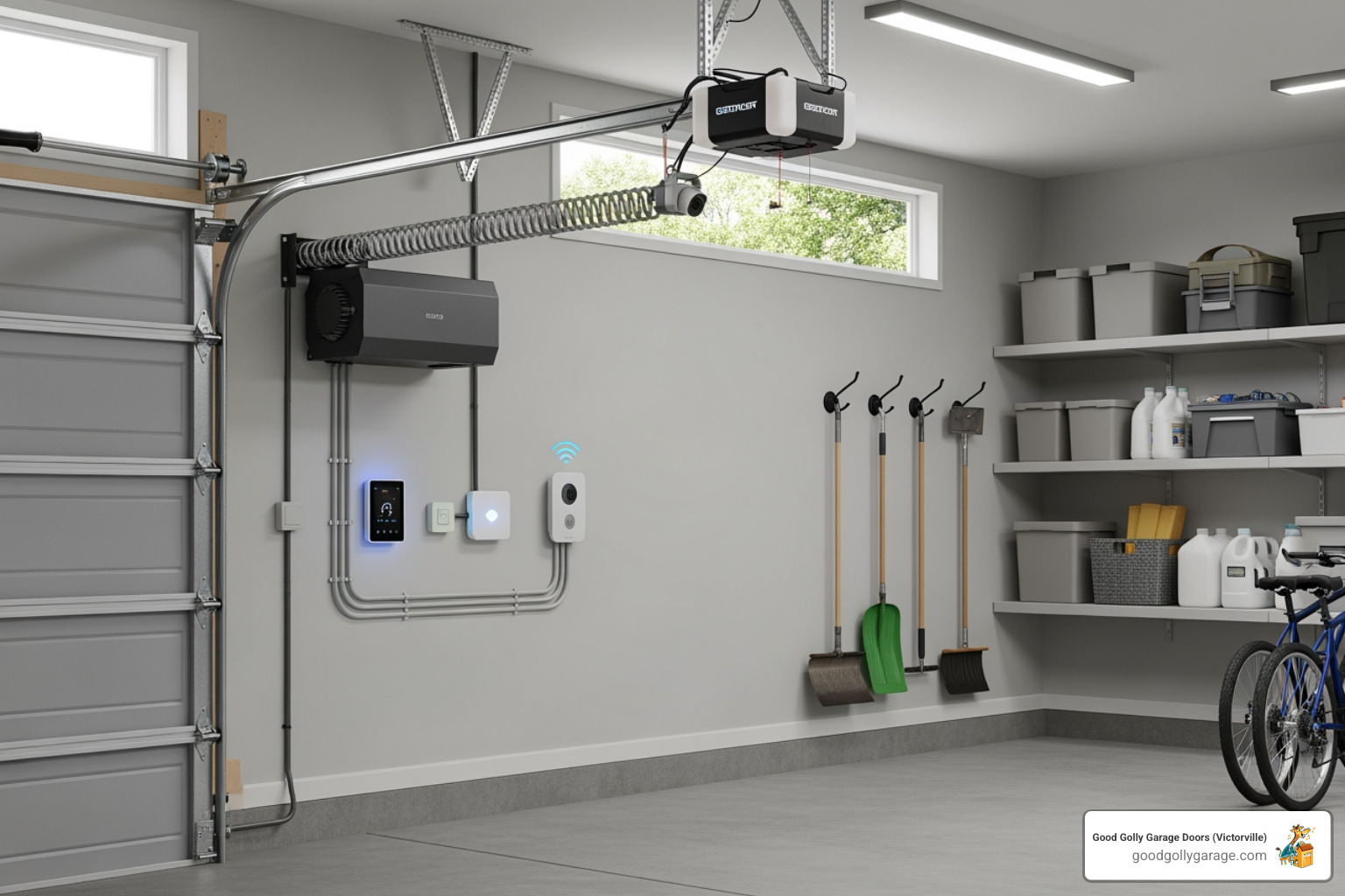 A wall-mounted jackshaft garage door opener with smart home integration devices - garage door installation in phelan ca