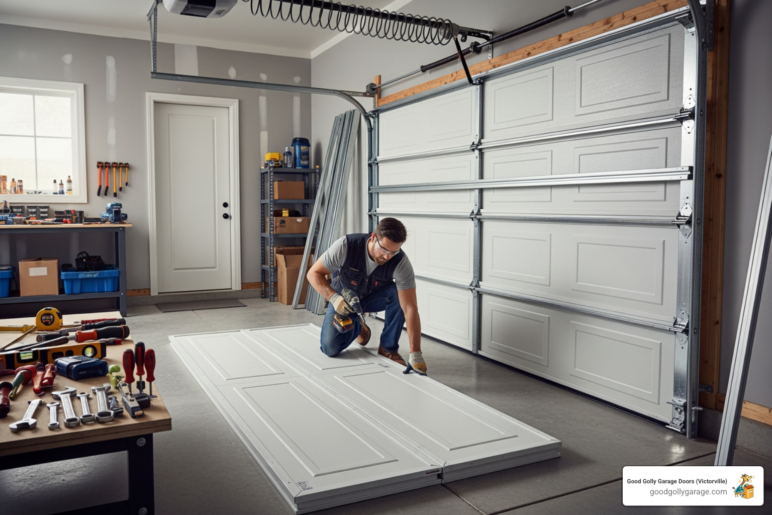 Infographic showing the complete garage door installation process: 1) Assessment and measurement of garage opening, 2) Selection of door material and insulation type, 3) Removal of old door and disposal, 4) Installation of new tracks and hardware, 5) Panel assembly and alignment, 6) Torsion spring installation by certified technician, 7) Opener installation and programming, 8) Safety sensor testing and final balance check - garage door installation in phelan ca