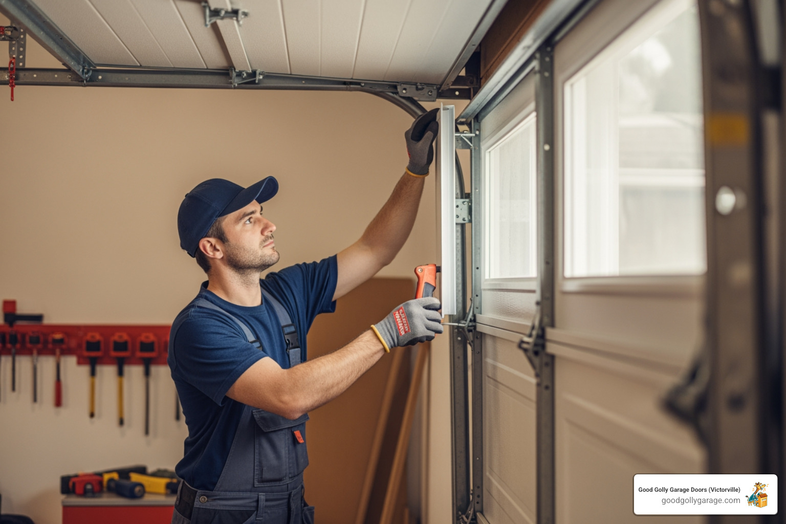 Professional technician safely installing a new garage door panel - emergency garage door installation in lake arrowhead ca Professional technician safely installing a new garage door panel - emergency garage door installation in lake arrowhead ca