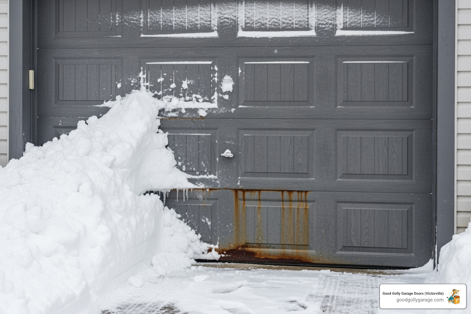 A garage door struggling with heavy snow accumulation, partially open and jammed by snow - emergency garage door installation in lake arrowhead ca A garage door struggling with heavy snow accumulation, partially open and jammed by snow - emergency garage door installation in lake arrowhead ca