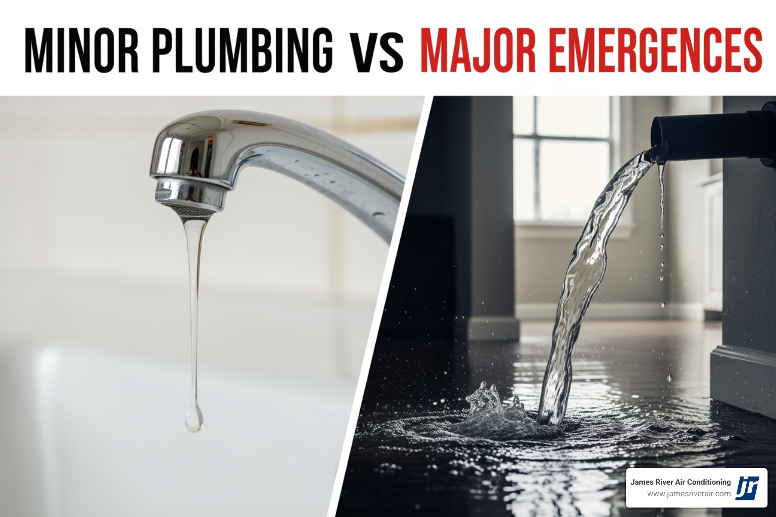 Infographic showing the difference between routine plumbing issues and true emergencies, with routine issues like slow drains and dripping faucets on the left, and critical emergencies like burst pipes, sewage backups, gas leaks, and major flooding on the right, each with visual icons and brief descriptions of the risks - emergency plumbing repair in manakin-sabot, va Infographic showing the difference between routine plumbing issues and true emergencies, with routine issues like slow drains and dripping faucets on the left, and critical emergencies like burst pipes, sewage backups, gas leaks, and major flooding on the right, each with visual icons and brief descriptions of the risks - emergency plumbing repair in manakin-sabot, va