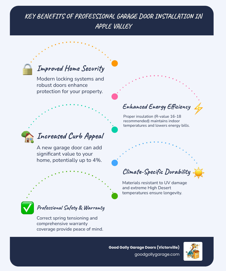 Infographic showing the key benefits of professional garage door installation in Apple Valley: improved home security with modern locking systems, enhanced energy efficiency through proper insulation (R-value 16-18 recommended), increased curb appeal adding up to 4% home value, climate-specific materials resisting UV damage and extreme temperatures, and professional safety with proper spring tensioning and warranty coverage - best garage door installation in apple valley ca infographic infographic-line-5-steps-blues-accent_colors Infographic showing the key benefits of professional garage door installation in Apple Valley: improved home security with modern locking systems, enhanced energy efficiency through proper insulation (R-value 16-18 recommended), increased curb appeal adding up to 4% home value, climate-specific materials resisting UV damage and extreme temperatures, and professional safety with proper spring tensioning and warranty coverage - best garage door installation in apple valley ca infographic infographic-line-5-steps-blues-accent_colors