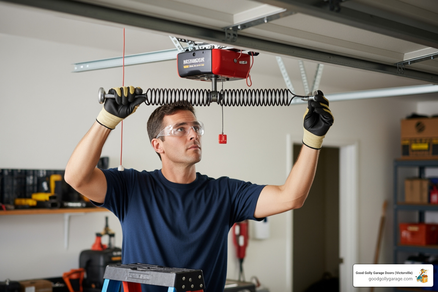 uniformed technician balancing garage door spring - best garage door installation in apple valley ca uniformed technician balancing garage door spring - best garage door installation in apple valley ca