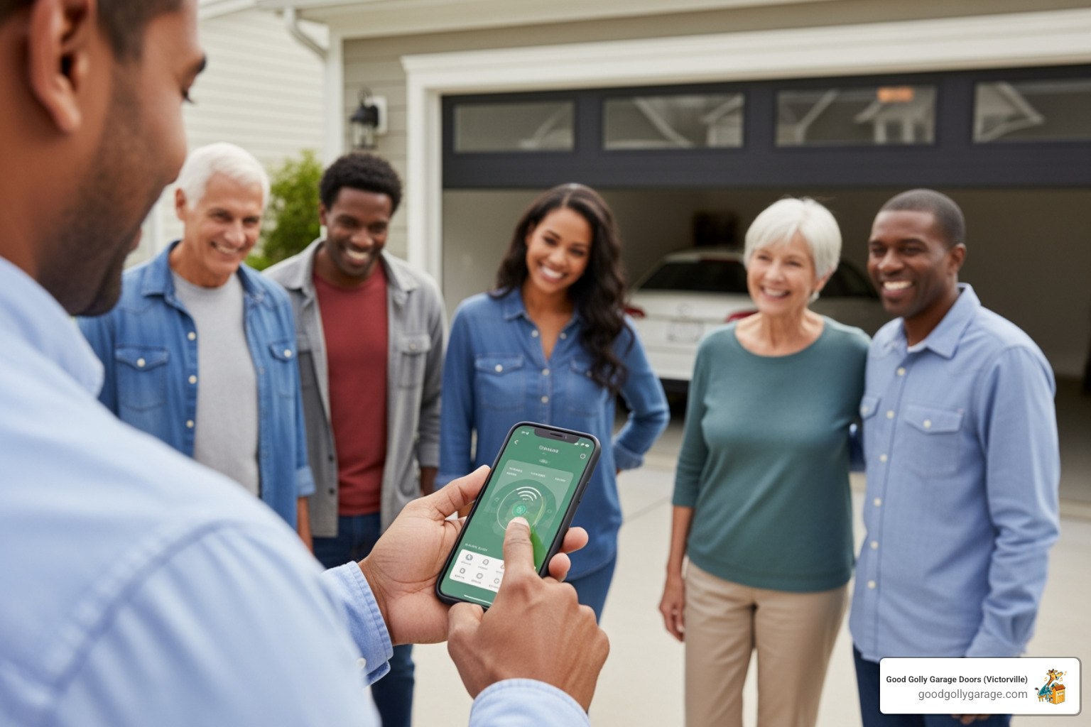 homeowner using smartphone to operate smart garage door opener - best garage door installation in apple valley ca homeowner using smartphone to operate smart garage door opener - best garage door installation in apple valley ca