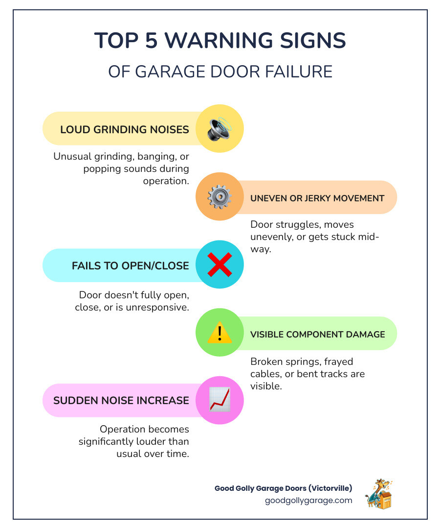 infographic showing the top 5 warning signs of garage door failure including loud grinding noises, uneven or jerky movement, door failing to open or close completely, visible damage to springs or cables, and sudden increases in operation noise - emergency broken garage door in apple valley ca infographic infographic-line-5-steps-colors infographic showing the top 5 warning signs of garage door failure including loud grinding noises, uneven or jerky movement, door failing to open or close completely, visible damage to springs or cables, and sudden increases in operation noise - emergency broken garage door in apple valley ca infographic infographic-line-5-steps-colors