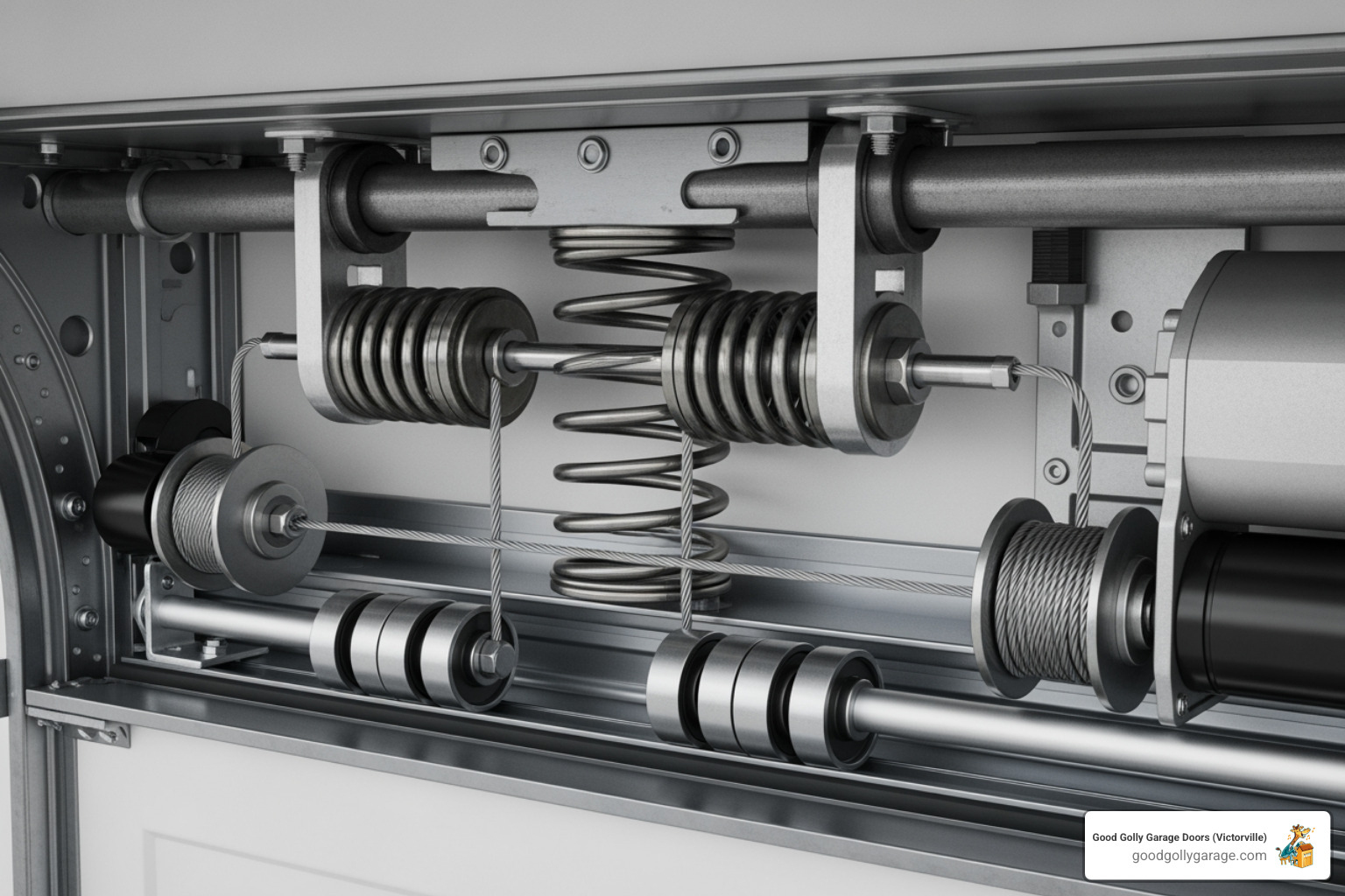 infographic showing garage door system components including torsion springs at top, extension springs on sides, steel cables running vertically, rollers in tracks, and opener motor unit with labels for each part and common failure points highlighted - why is my broken garage door in barstow ca