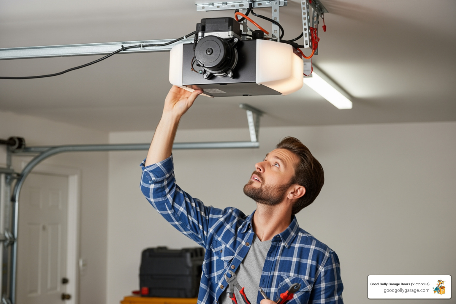homeowner checking their garage door opener motor - Why Is My Broken Garage Door In Oak Hills CA homeowner checking their garage door opener motor - Why Is My Broken Garage Door In Oak Hills CA