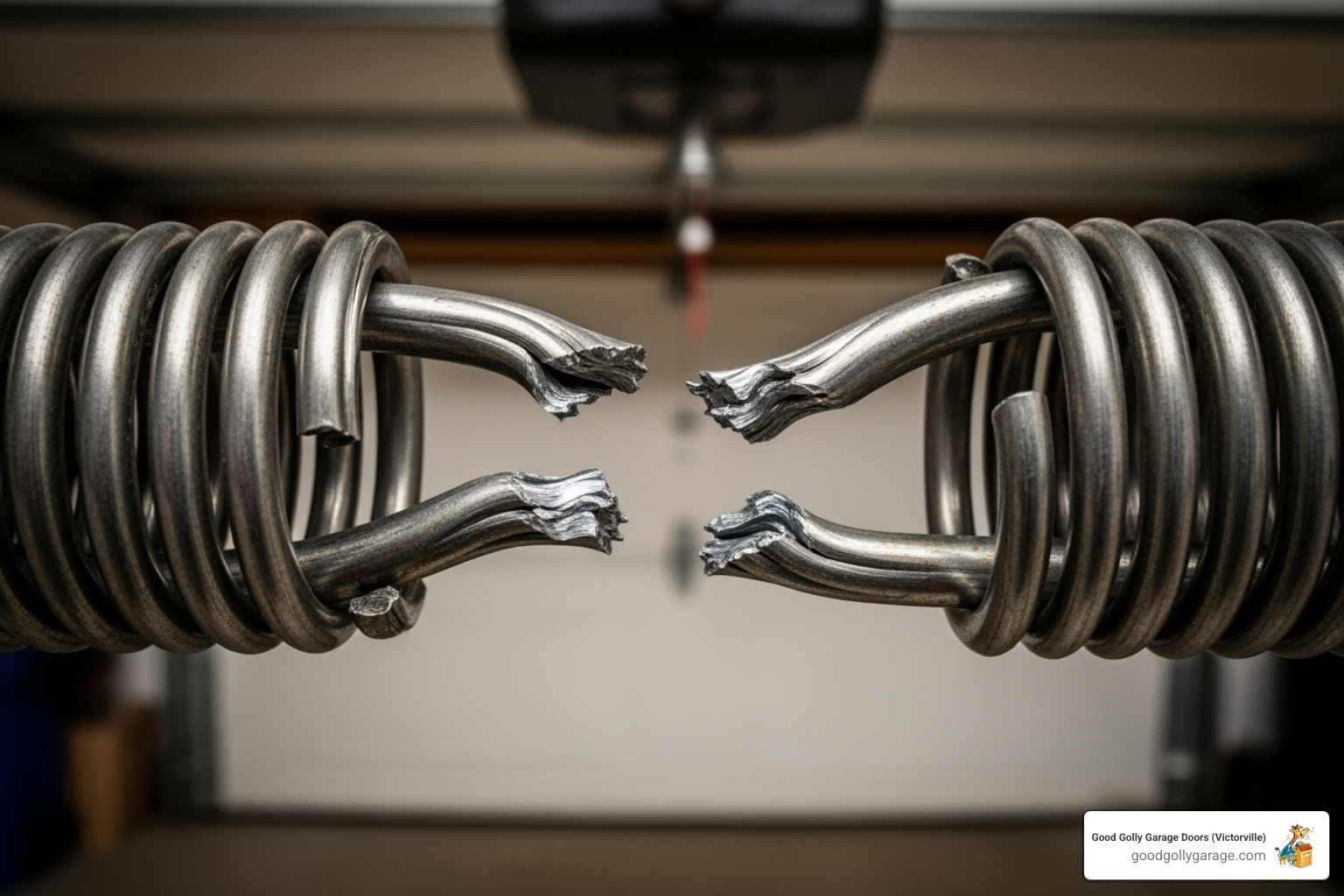 close-up on a broken garage door torsion spring - Why Is My Broken Garage Door In Oak Hills CA close-up on a broken garage door torsion spring - Why Is My Broken Garage Door In Oak Hills CA