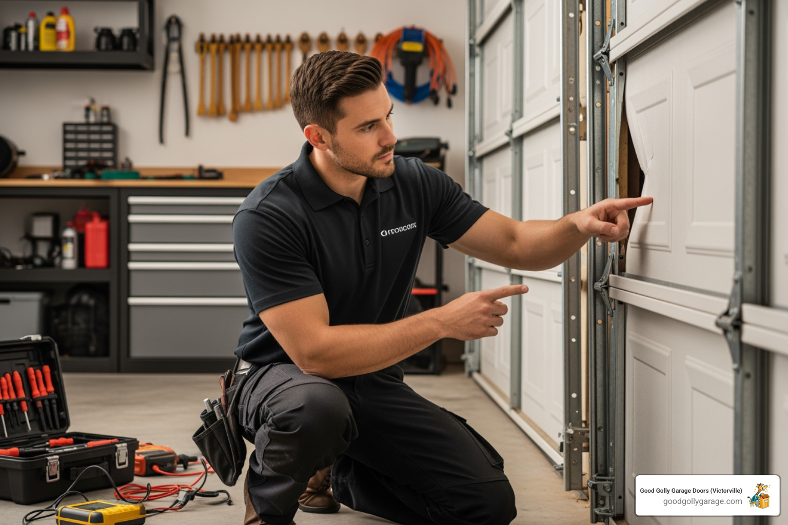 technician assessing damaged garage door - Emergency Garage Door Installation in Helendale CA technician assessing damaged garage door - Emergency Garage Door Installation in Helendale CA