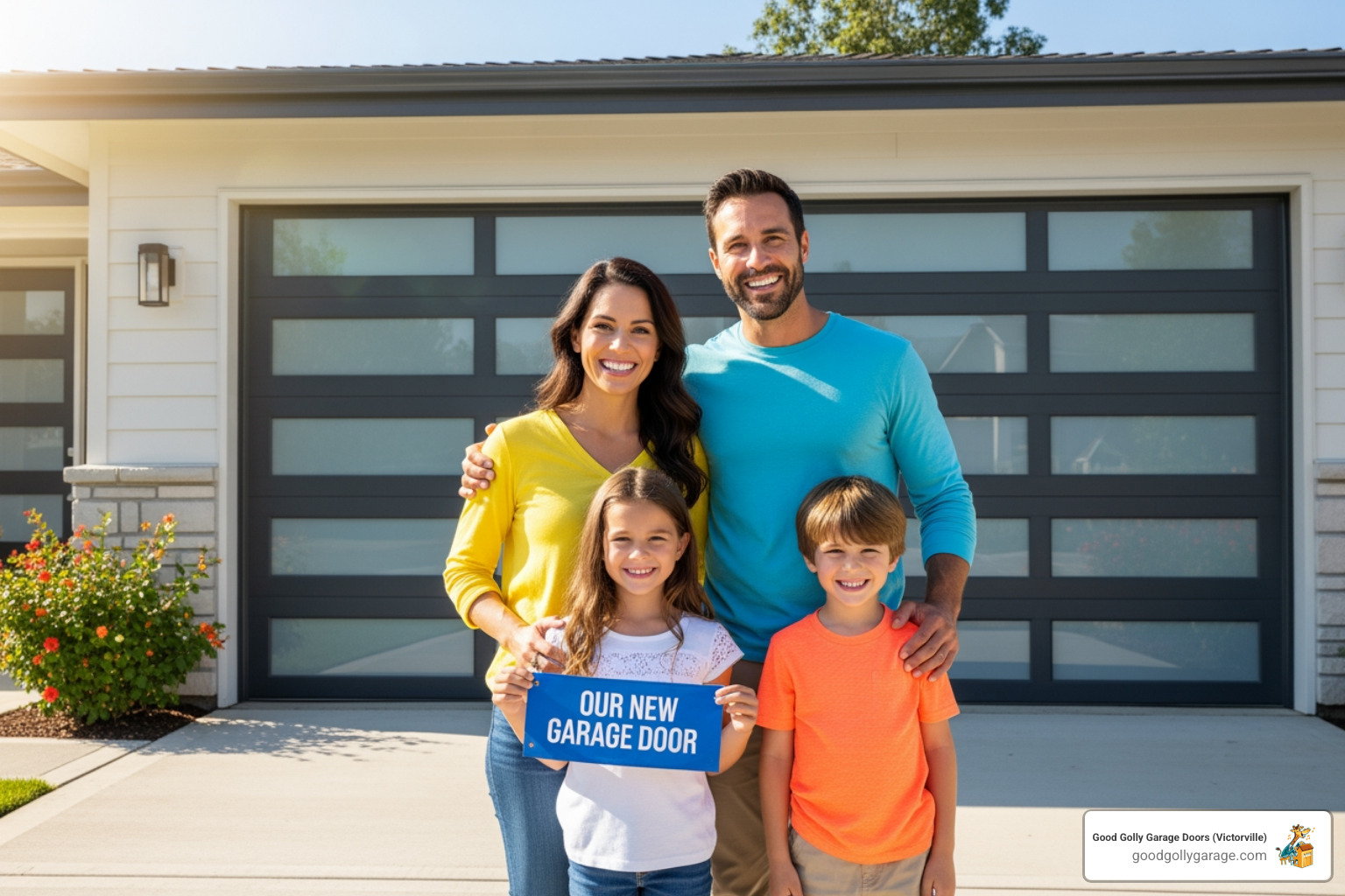 family smiling with new garage door - emergency garage door installation in helendale ca family smiling with new garage door - emergency garage door installation in helendale ca