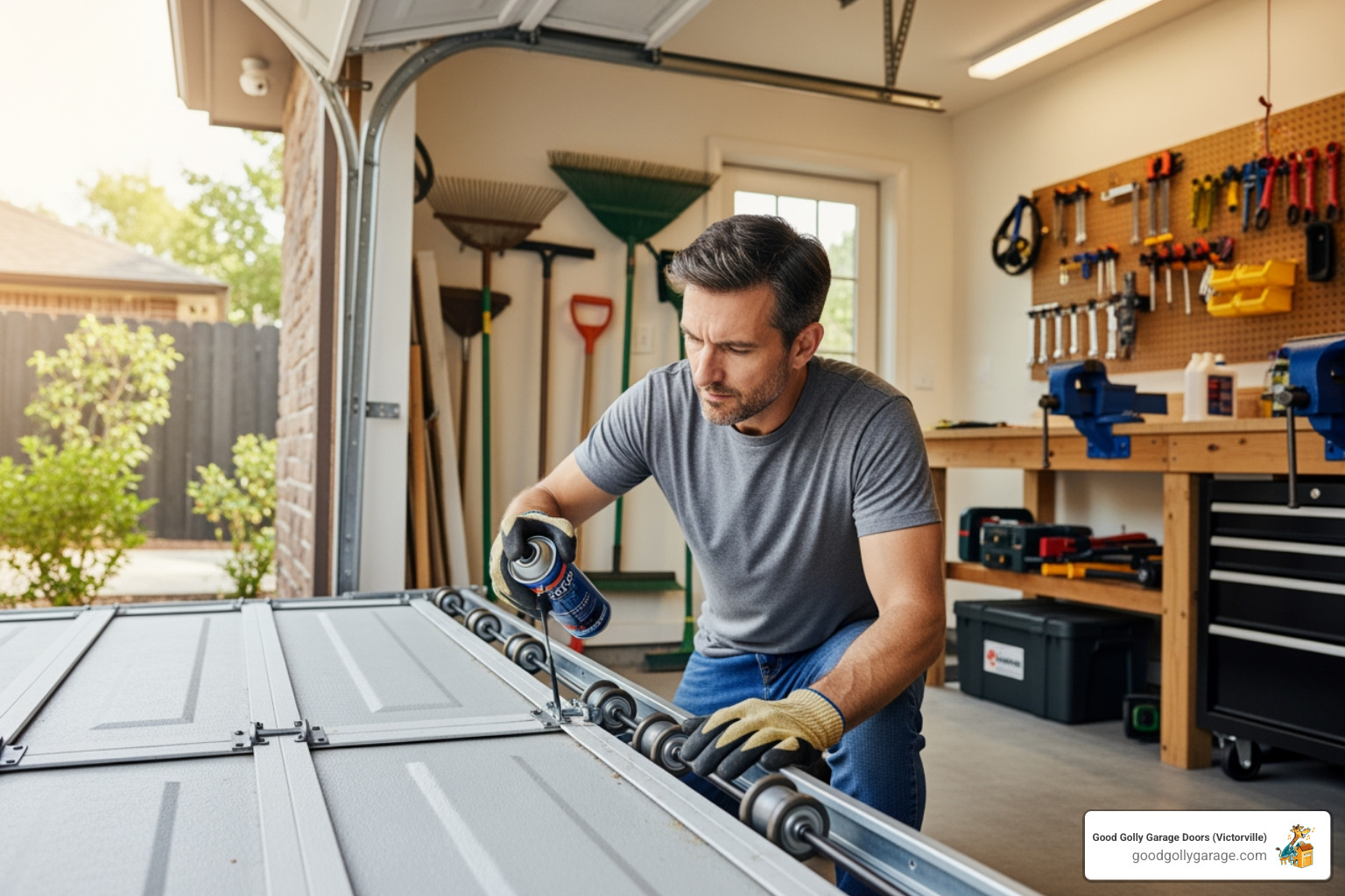 Homeowner Lubricating Garage Door Rollers - emergency broken garage door in apple valley ca Homeowner Lubricating Garage Door Rollers - emergency broken garage door in apple valley ca