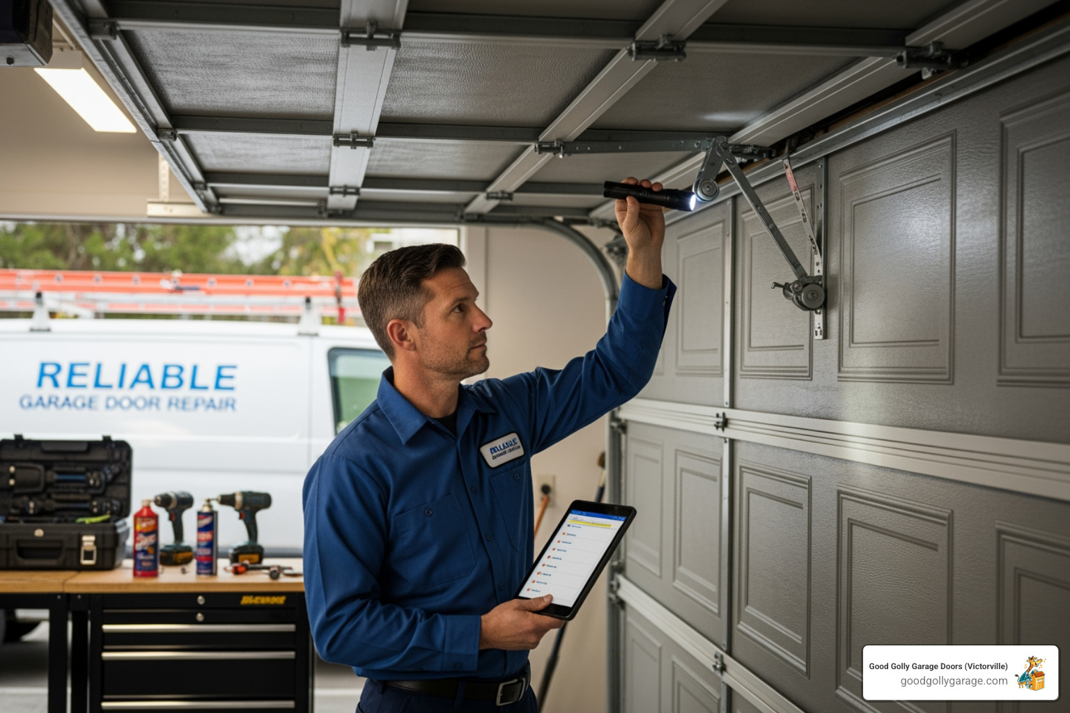 Professional Technician Inspecting a Garage Door - emergency broken garage door in apple valley ca Professional Technician Inspecting a Garage Door - emergency broken garage door in apple valley ca